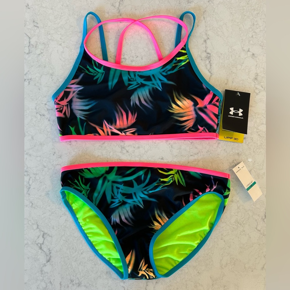 New Under Armour girls tropical leaf print bikini size 16